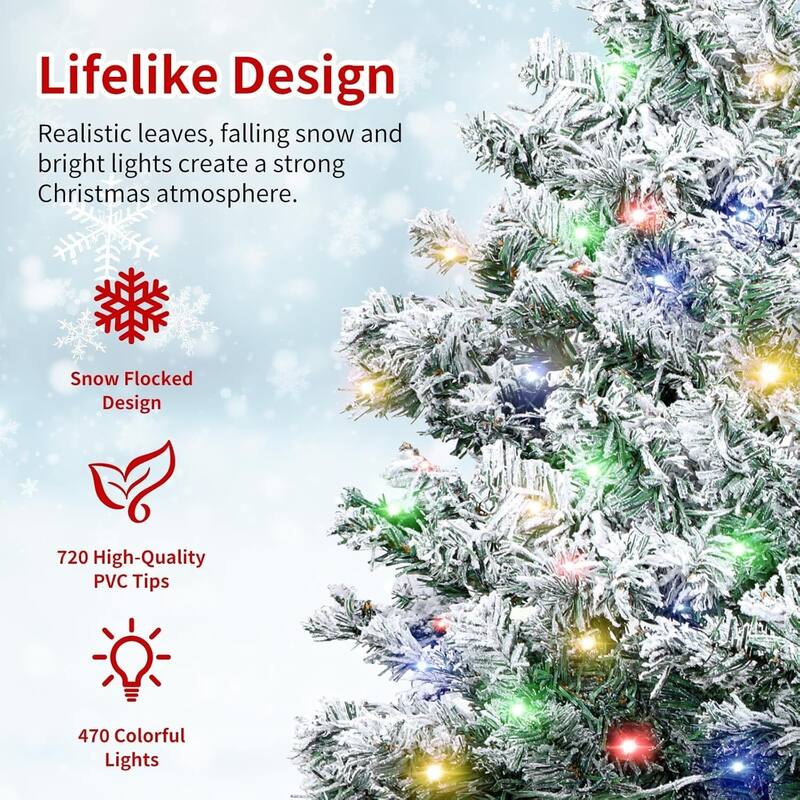 6.5Ft Snow Flocked Pre-Lit Xmas Christmas Tree with Multi-Color Lights - 6.5 ft