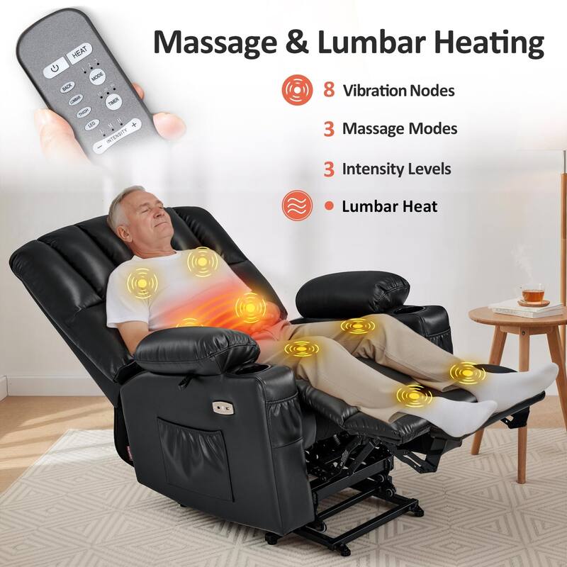 Power Lift Recliner Chair for Elderly, Massage and Heat, Faux Leather & Fabric