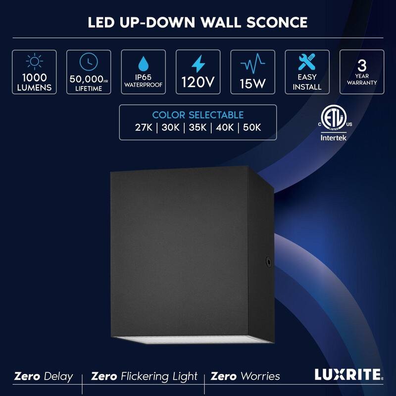 Luxrite Square LED Up and Down Wall Sconces Set of 2, Metal, 5CCT 2700K-5000K, 15W, 1000LM, IP65 Waterproof, ETL - Black