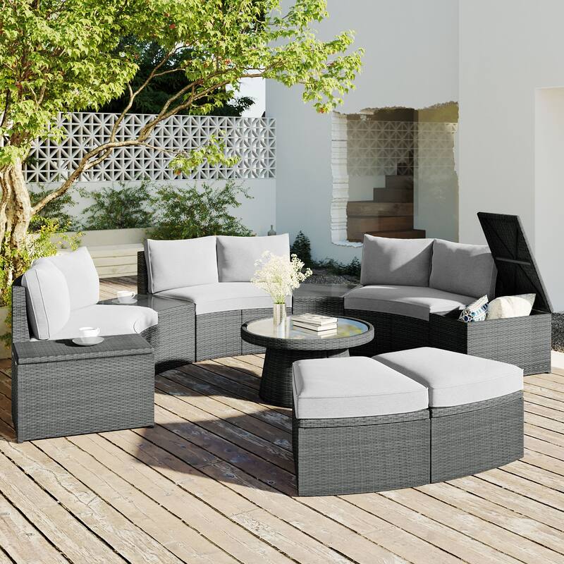 All Weather 10 Piece Outdoor PE Wicker Sectional Sofa Set Half Round Patio Rattan Conversation Set with Storage Box