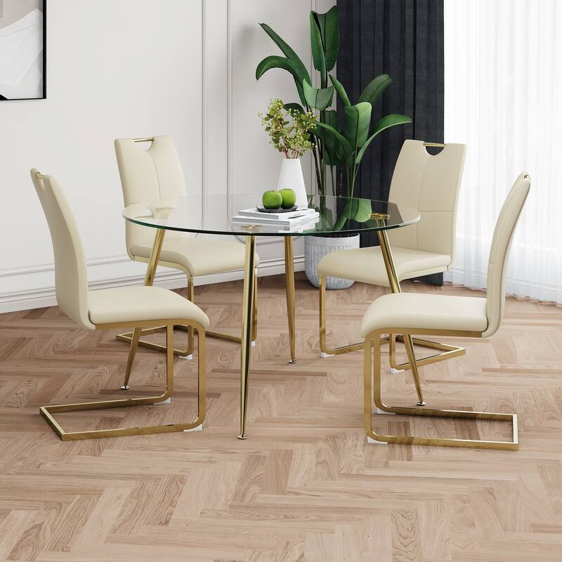 47.2" Luxury Glass Dining Table Set for 4, Circle Kitchen Table with 4 PU Chairs, 5-Piece Modern Dining Table and Chair Set