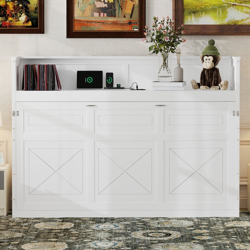 Twin XL Murphy Bed with Desk, LED Light, and USB Charging Station in White