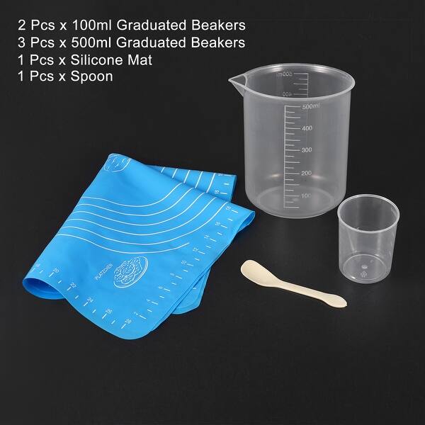 5 Pack 100ml 500ml PP Graduated Beaker Clear w Spoon & Silicone Mat