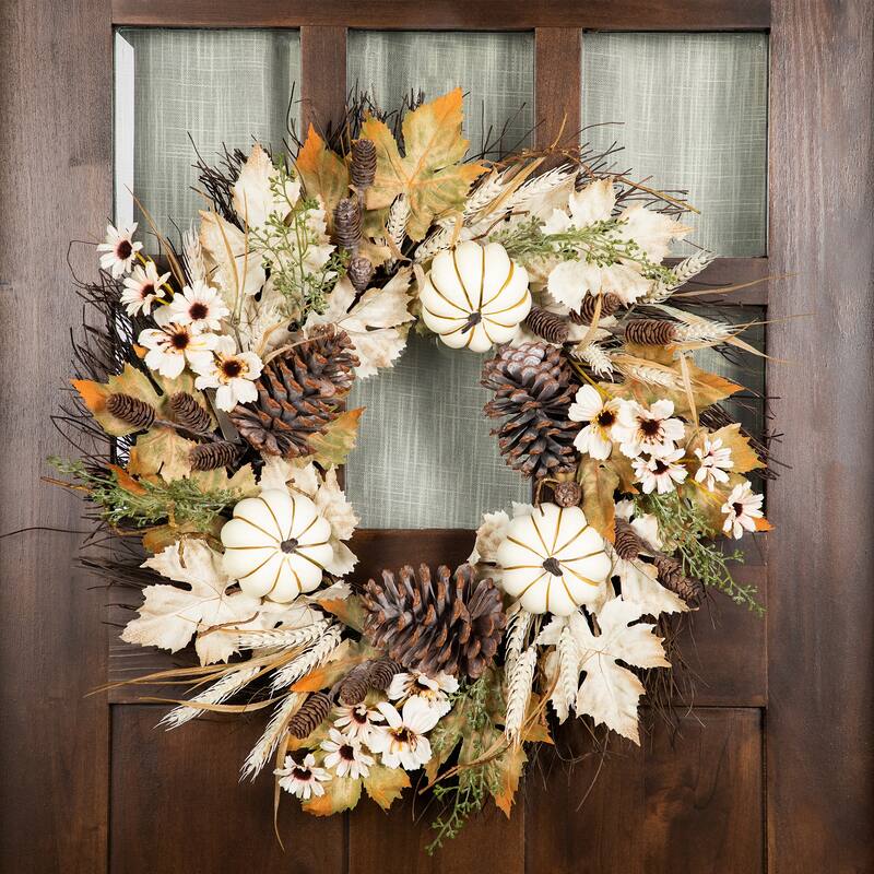Pumpkin Wheat and Pinecone Artificial Floral Fall Harvest Wreath - 24"