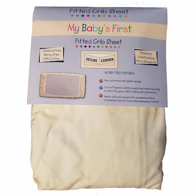 My Baby's First Fitted Crib Sheet, 100% Cotton, All Natural, Patented Sta-On Elastic Safety Bands, 27" x 54"