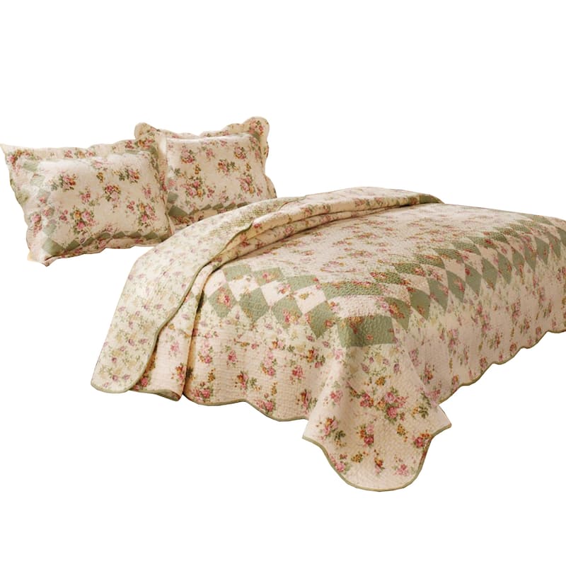 Denali 3 Piece Fabric King Size Quilt Set with Floral Prints, Multicolor