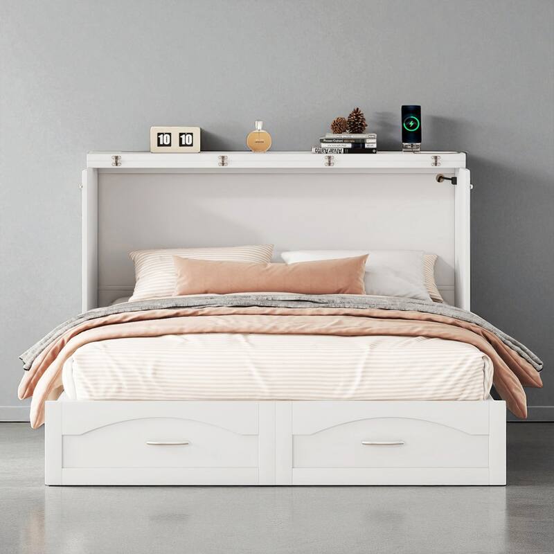 Full/Queen Size Murphy Wall Bed with USB Ports, Power Outlets, Drawers, Pulley System and Foldable Cabinet Design