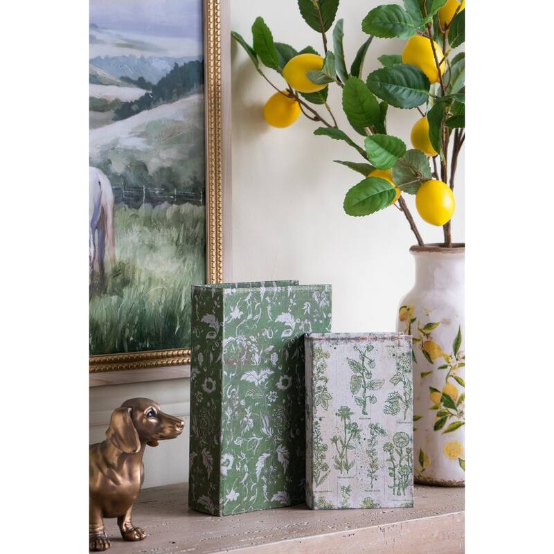 Decorative Book Boxes with Rustic Floral Patterns - Green