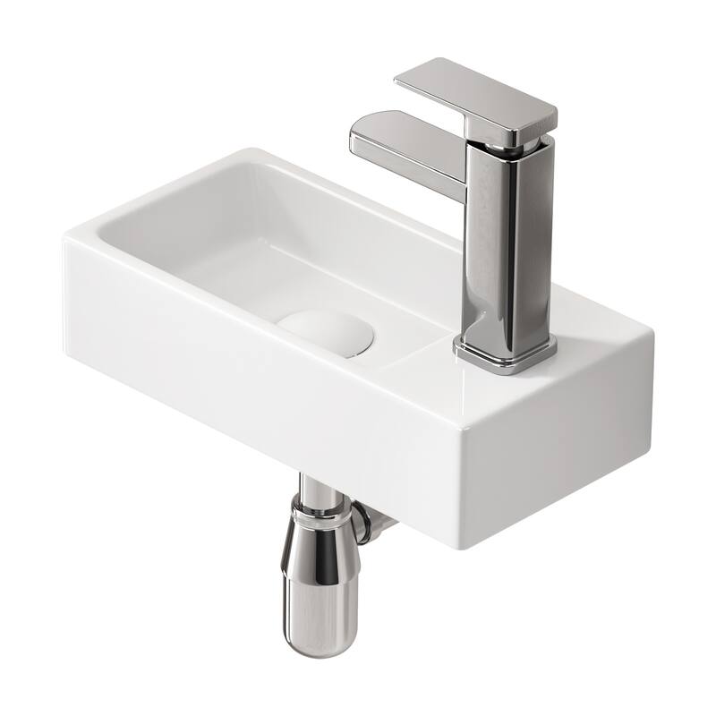 GDFStudio - Carter Wall-Mounted Ceramic Bathroom Sink with Faucet and Drain Set - Milk White - Right-side faucet
