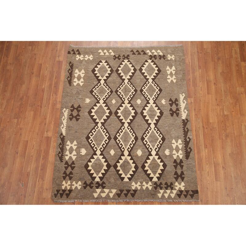 Hand Woven Oriental 100% Wool Carpet Southwestern Geometric Brown Kilim Area Rug - 6' 1'' X 4' 9''