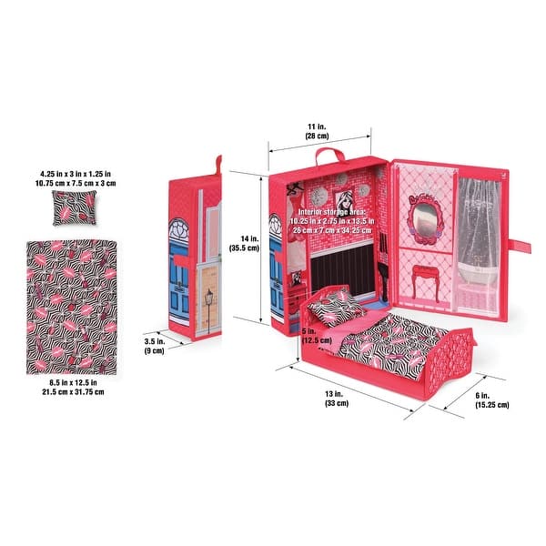 Badger Basket Home & Go Dollhouse Playset Travel & Storage Case with Bed/Bedding for 12-inch Fashion Dolls - Pink/Multi