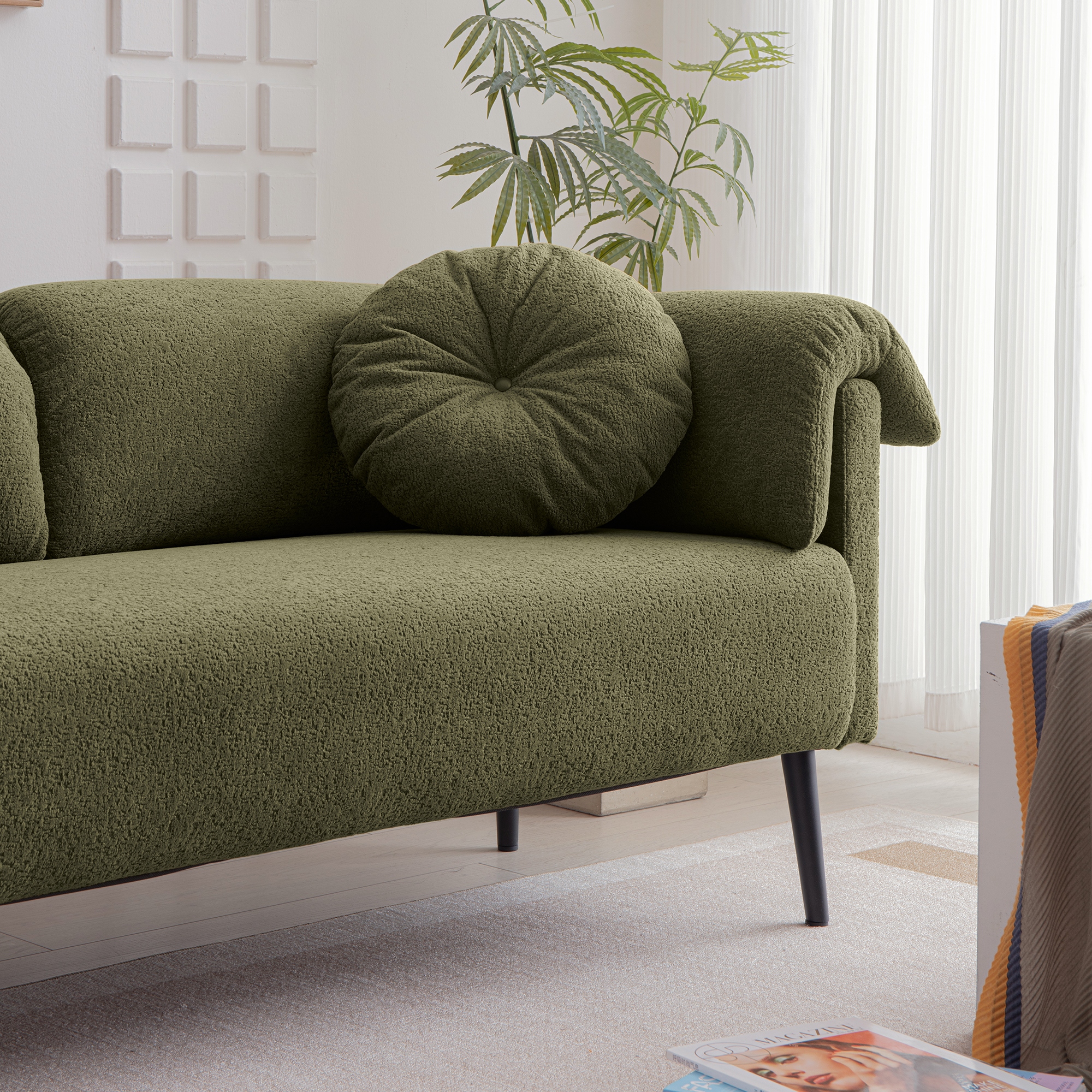 68.5 Elegant Minimalist Small Lamb Wool Sofa With Decorative Throw Pillows Sturdy Construction Green