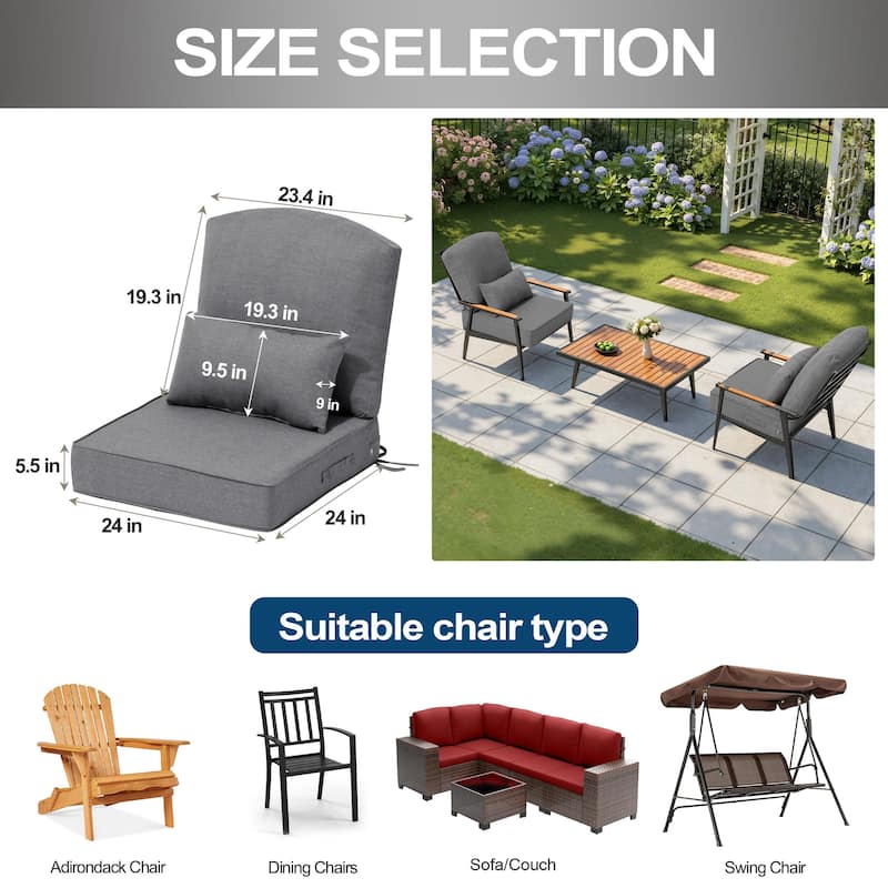 24 x 24 x 5.5 in Patio Premium Fabric Outdoor Seat Cushions Set (Seat & Back) with Pillow