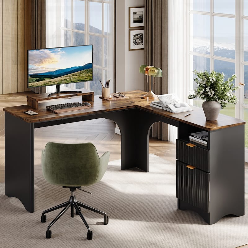 Bestier 56"W Modern L-Shaped Corner Computer Desk With Filing Drawer - Black