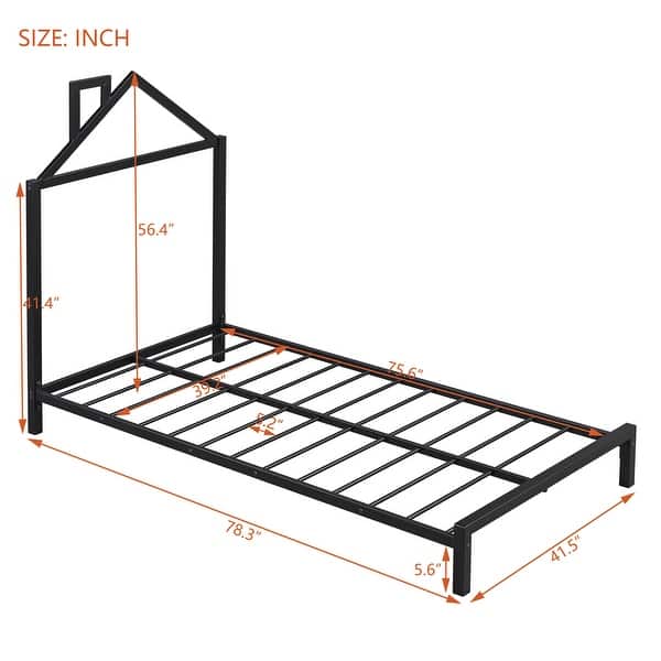 dimension image slide 5 of 6, Metal Platform Bed for Kids, Low Bed Frame with House Shaped Headboard & Slats Support, No Spring Box Need, Easy to Assembly