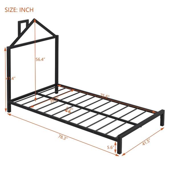 dimension image slide 2 of 3, Twin Size Metal Platform Bed with House-Shaped Headboard