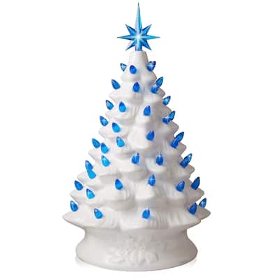 15in White Ceramic Christmas Tree Hand Painted PreLit with Star