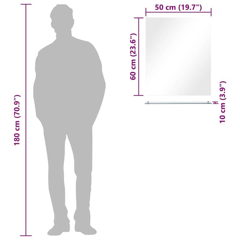 vidaXL Wall Mirror Transparent Tempered Glass 19.7x23.6 in - 19.7 x 3.9 x 23.6 in