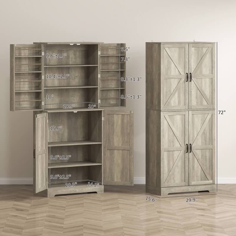 HOMCOM 72" Farmhouse Kitchen Pantry Cabinet, Freestanding Tall Storage Cabinet with 4 Adjustable Shelves and 8 Door Shelves