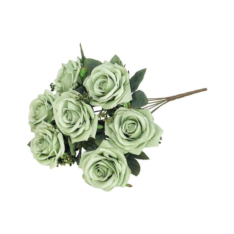 Set of 2 Sage Green Artificial Queen Tea Rose Flower Stem Bush Bouquet 17in - 17" L x 9" W x 9" DP