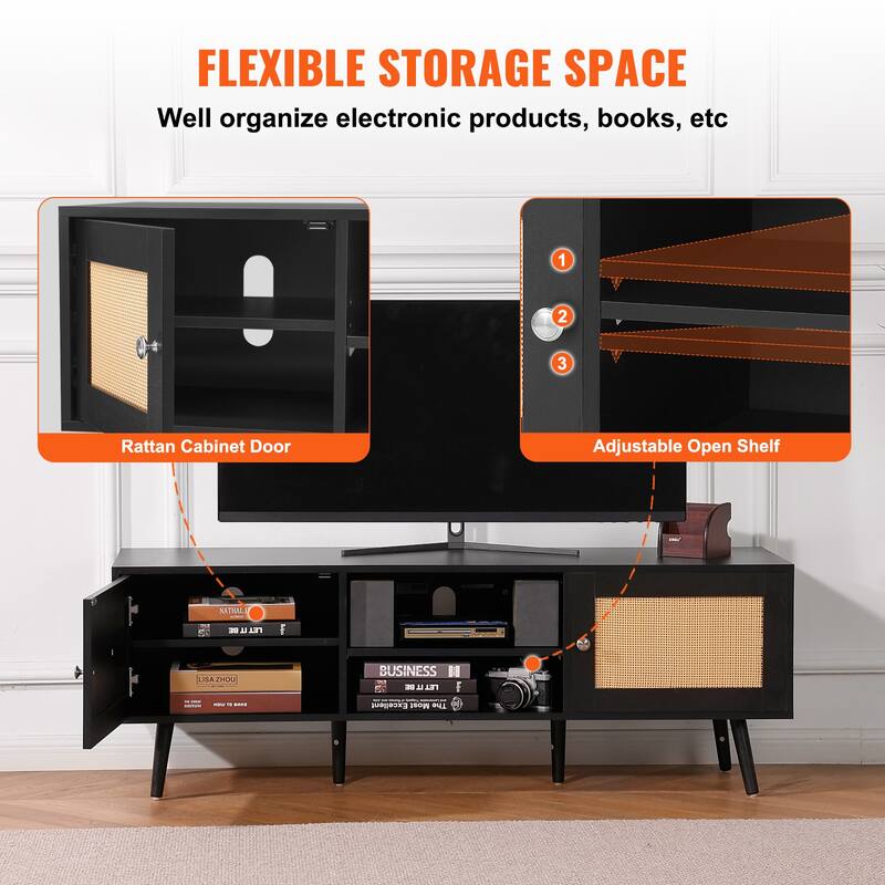 Rattan TV Stand, Mid Century Modern TV Stand, Boho Rattan TV Cabinet with Build-in Socket and USB Ports, Adjustable Shelfs