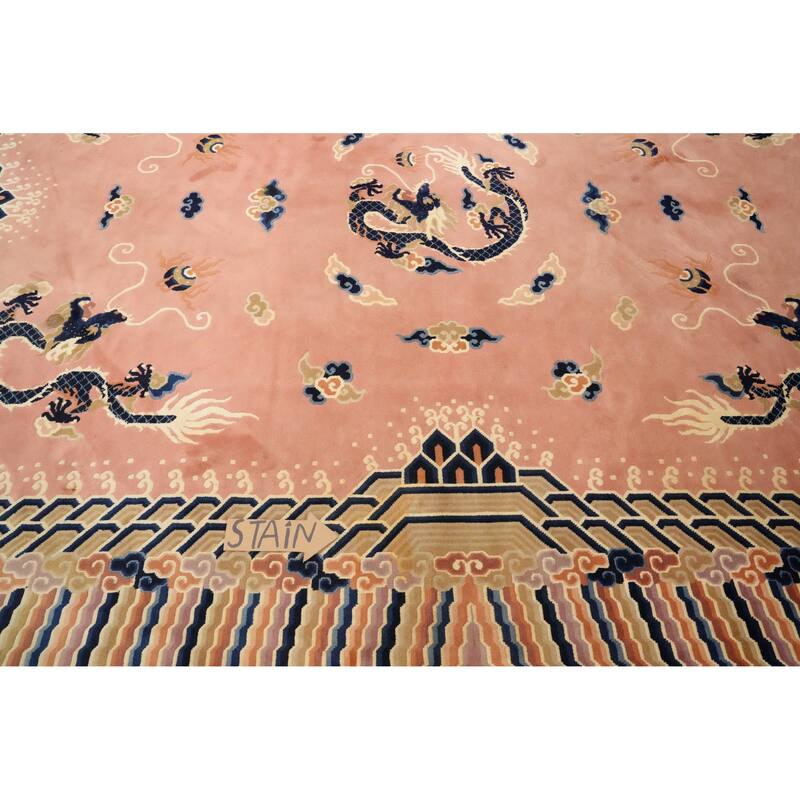 Hand Knotted Oriental 100% Wool Carpet Traditional Geometric Pink Art Deco Area Rug - 11' 1'' X 8' 0''