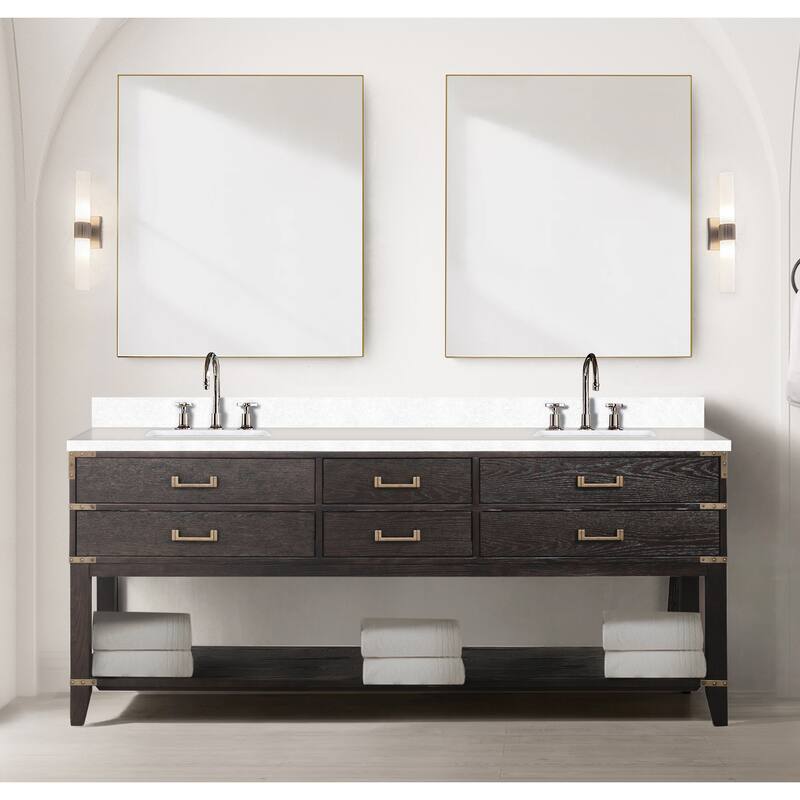 Norwalk 60 in W x 22 in D Black Oak Double Bath Vanity, White Quartz Top, and 28 in Mirrors