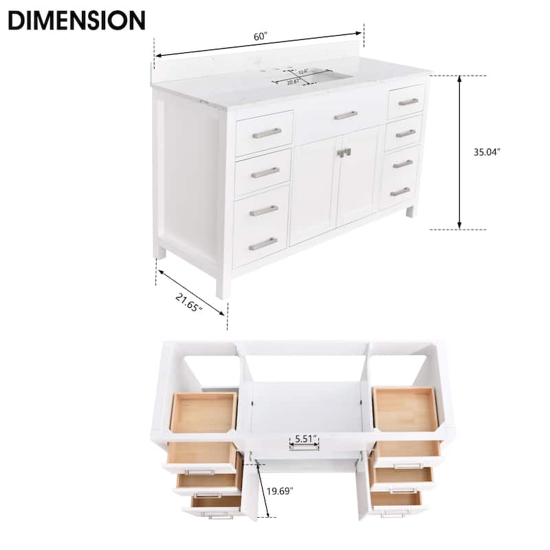 Prismatica Single Sink Bathroom Vanity 60 in White, Marble Countertop & Splash