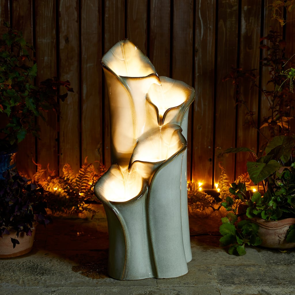 Glitzhome 31"H 4-Tiered Lotus Leaf Textured Ceramic Vase Outdoor Floor Fountain with LED