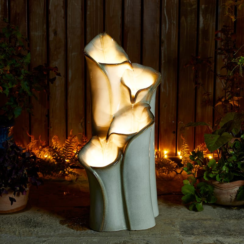Glitzhome 31"H 4-Tiered Lotus Leaf Textured Ceramic Vase Outdoor Floor Fountain with LED