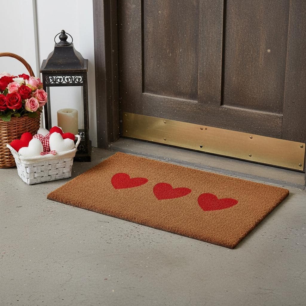 HomeRoots 12" X 24" Brown And Red Three Hearts Outdoor Coir Door Mat - 12.00' X '24.00
