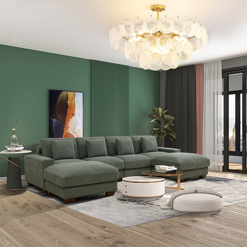 123'' Corduroy Upholstered U-Shaped 6-Piece Sectional Sofa - Green