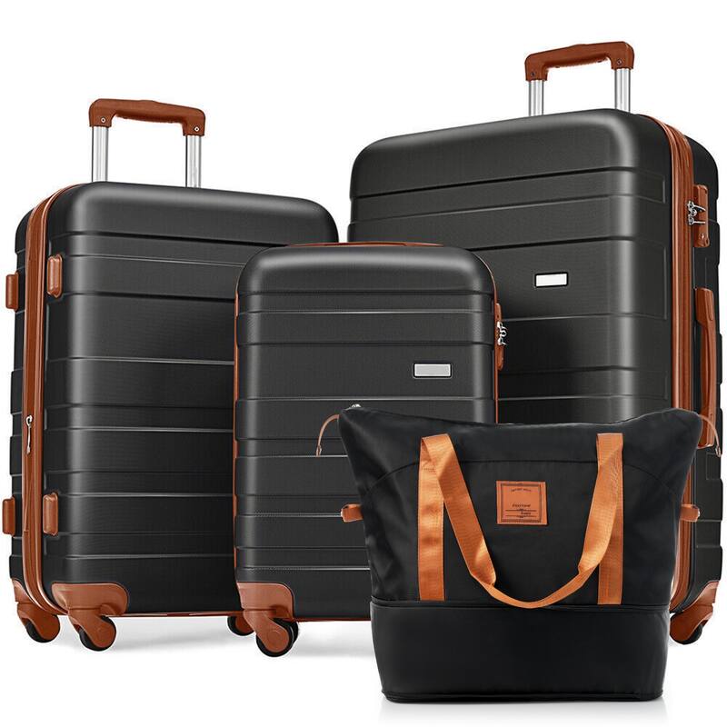 Luggage Sets Four Piece, ABS Durable Suitcase with Travel Bag - Black+Brown