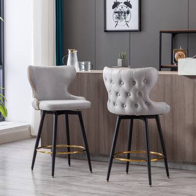 Bar Stool 180° Swivel Bar Chair Gold Nailhead Trim Metal Legs (Set of 2), Grey