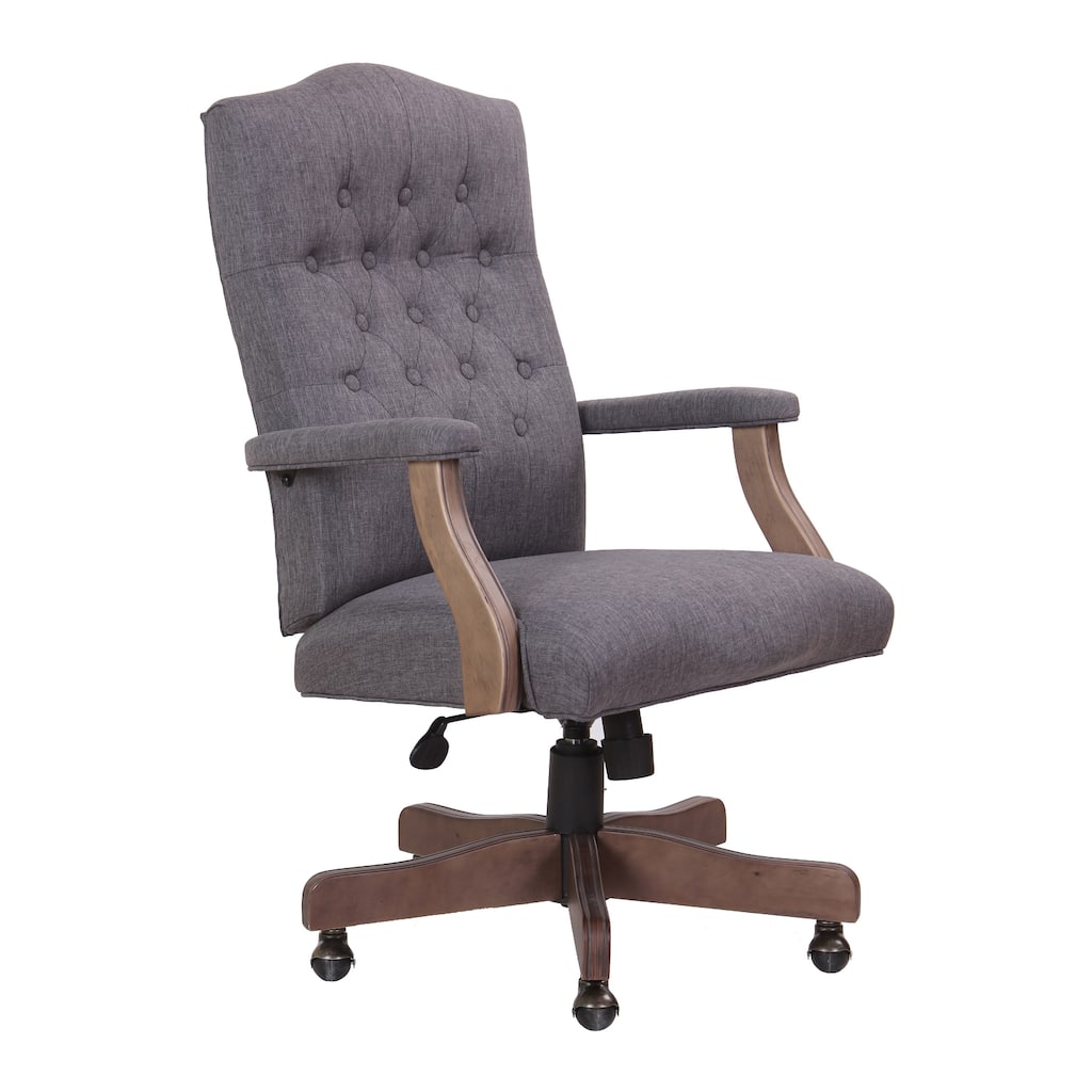 Jake Executive Armchair with Driftwood Finish, Gray Button Tufted Linen