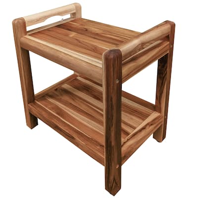 EcoDecors Eleganto 20" Solid Teak Shower Bench With Shelf And LiftAide Arms - EarthyTeak Finish - 18 in