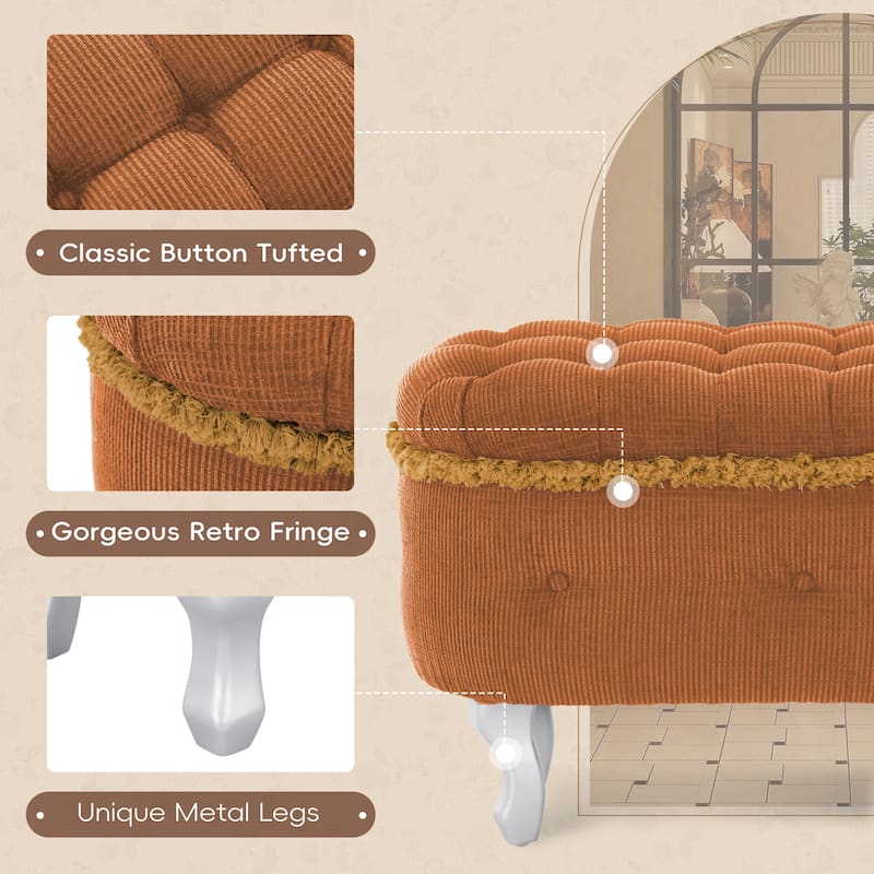 Roomfitters Upholstered Storage Bench with Button Tufted Top, End of Bed Bench with Fringe and Curved Legs