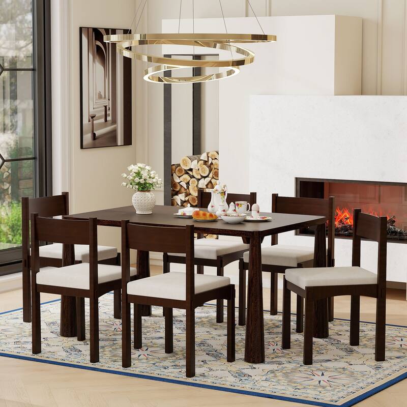 Retro 7-Piece Dining Table Set for 6 with Cushioned Seats and Exposed Tapered Legs by Harper&Bright Designs - Espresso