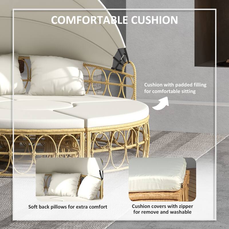 Outsunny Patio Furniture Set, Round Outdoor Daybed with Retractable Canopy, Hollow Wicker PE Rattan Sectional Sofa