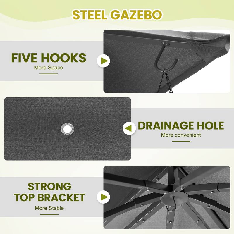 9'X9' Outdoor Steel Gazebo, Double Roof Patio Canopy with Netting, Curtains & Hanging Hooks for Backyard Deck Garden