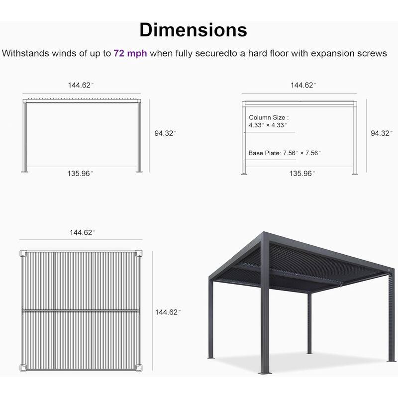 PURPLE LEAF Gray Louvered Pergola Outdoor Aluminum Pergola with Adjustable Roof for Patio Grey Hardtop Gazebo
