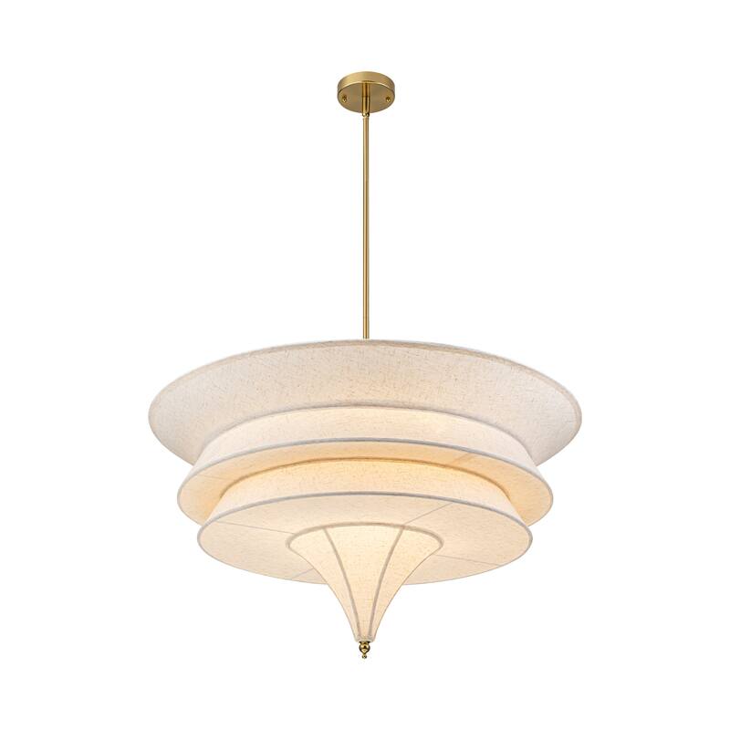 5-Light Mid-Century Modern Brass Chandelier for Dining Room&Living Room - Four-Layer Textured Fabric Shade - 5 Light