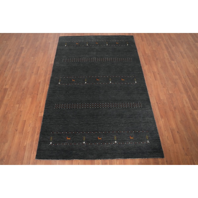 Hand Knotted Oriental 100% Wool Carpet Tribal Animal Pictorial Greys & Charcoal Gabbeh Area Rug - 7' 8'' X 5' 0''