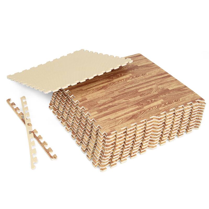 Gymax 12 Pieces EVA Foam Floor Interlocking Tile Mat w/ Natural Wood - Natural - 8 x 6