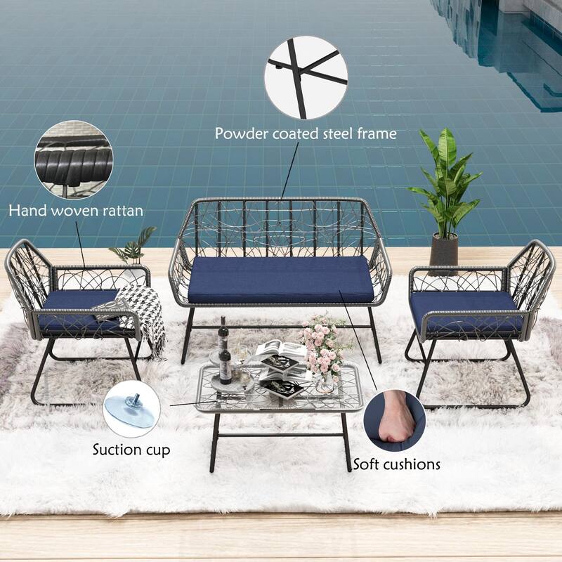 4-Piece Outdoor Rattan Sofa Set with Glass Table & Waterproof Cushions