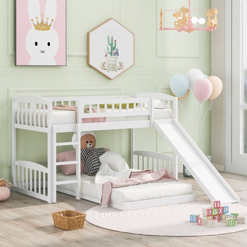 Twin Over Twin Size Wood Bunk Bed with Slide and Ladder