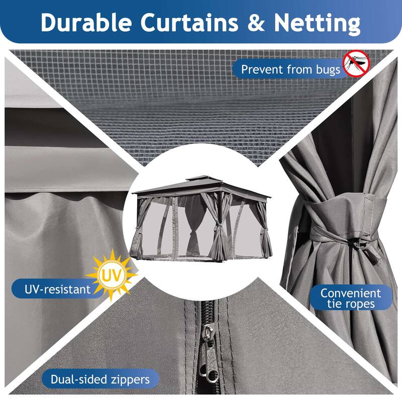 10x12 FT Outdoor Gazebo Tent with Double Roofs and Mosquito Netting