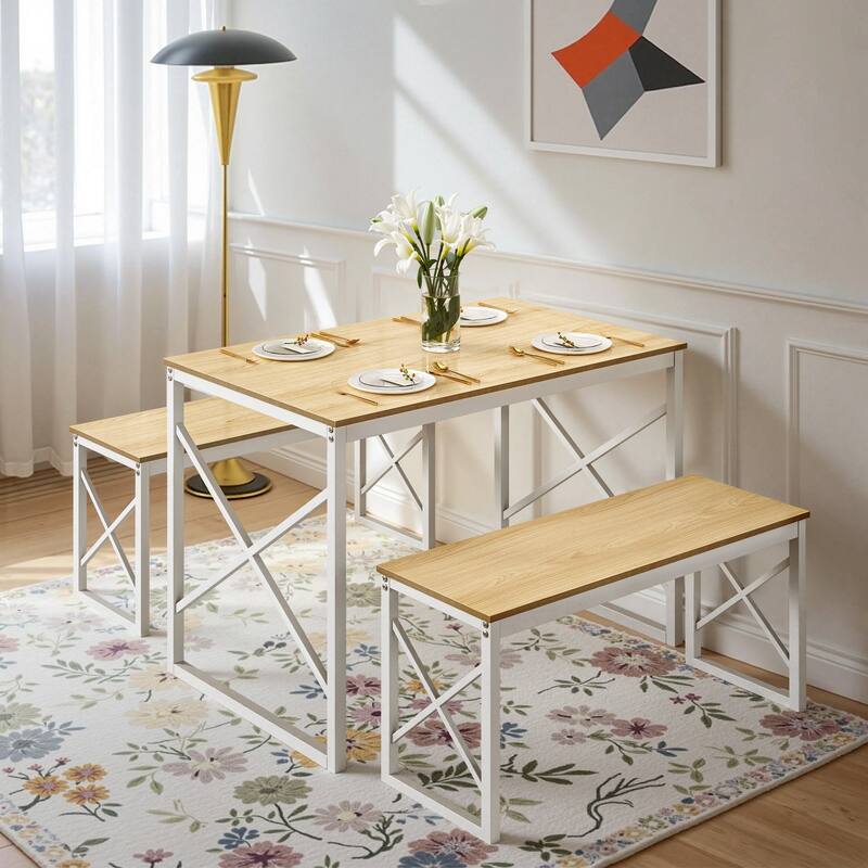 44.3" Dining Table with Benches Kitchen Table set for 4 Rectangular Dining Room Table Set with 2 Metal Wood Benches