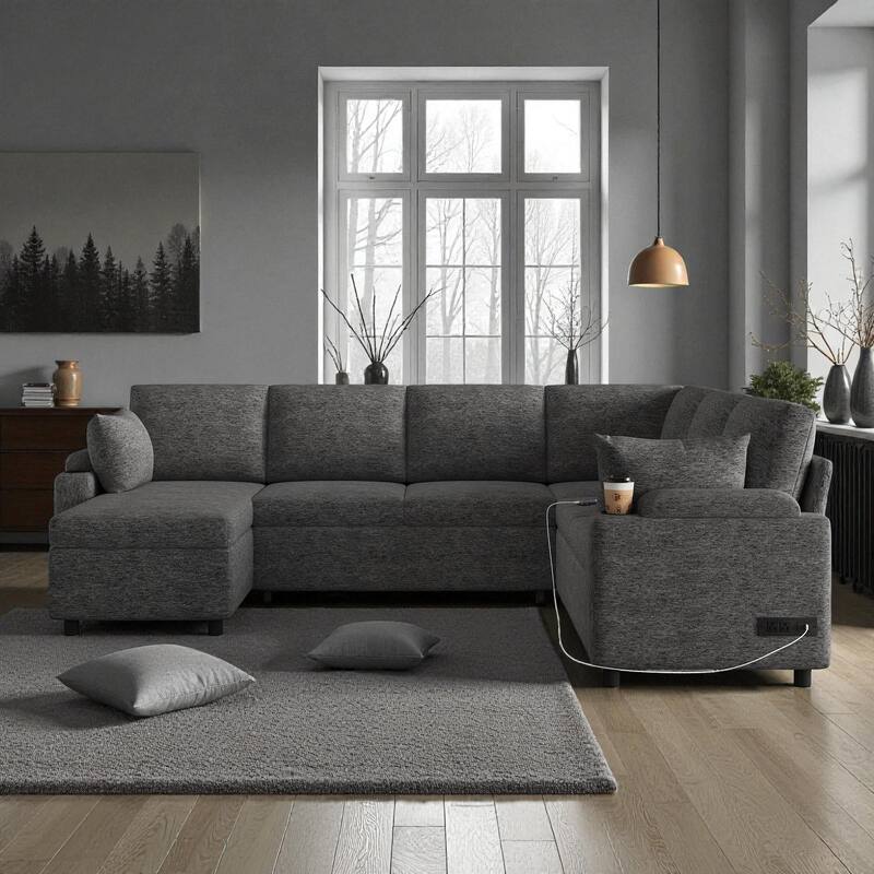 109.9" U-Shaped Convertible Sectional Sofa Bed with Storage Chaise Cup Holders Power Outlets USB Ports Chenille Couch