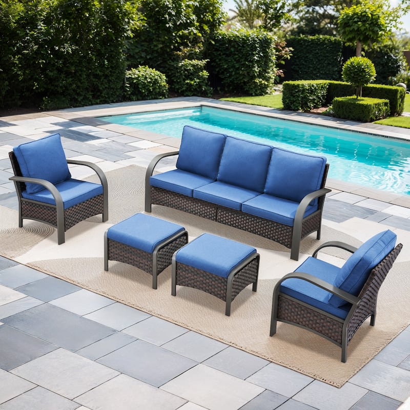 Outdoor Sofa Patio Furniture Set - Brown Rattan - Blue Cushion - 5PCS Sofa Patio Chair with Ottoman